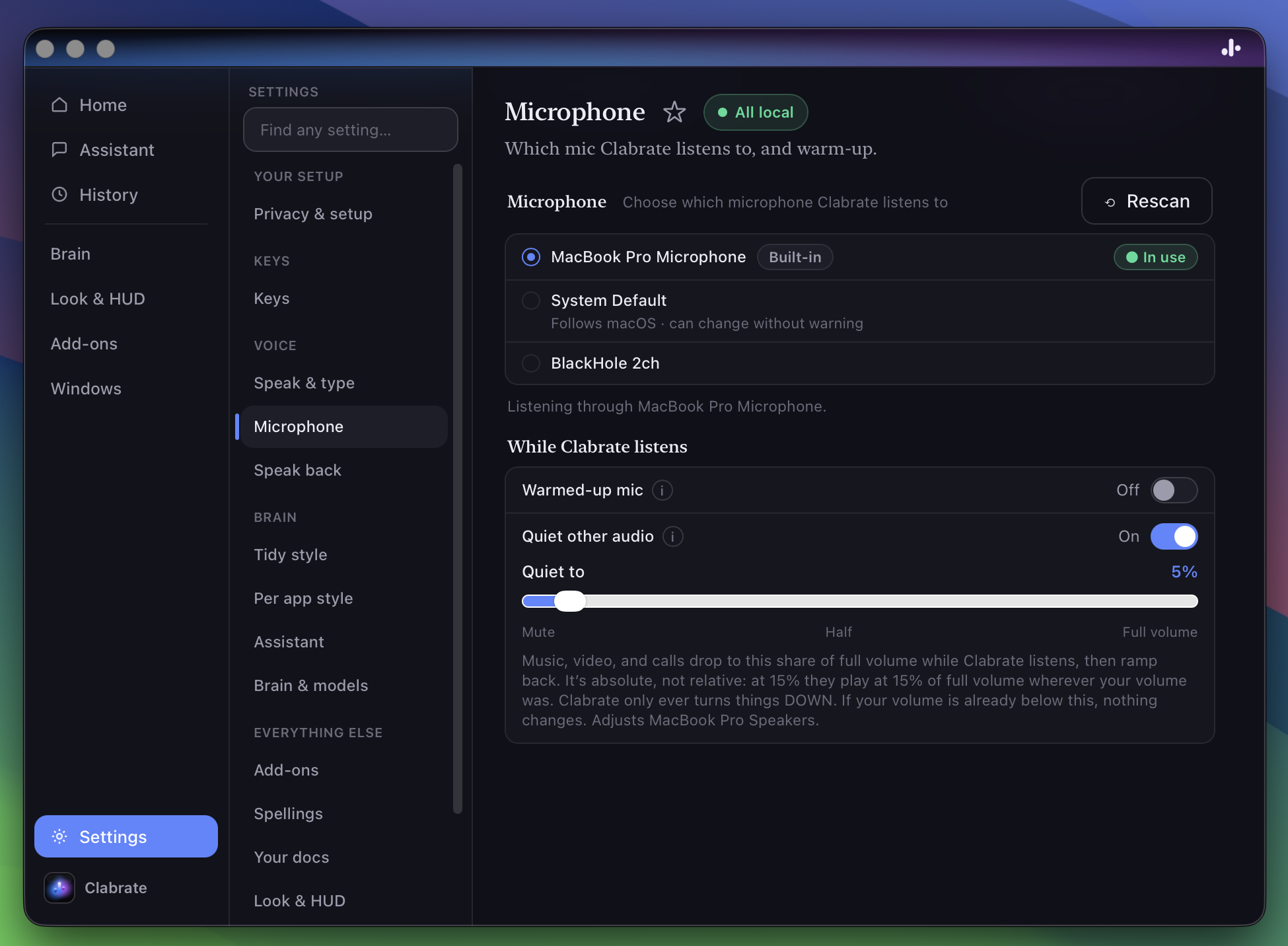 The Audio settings page with the microphone picker