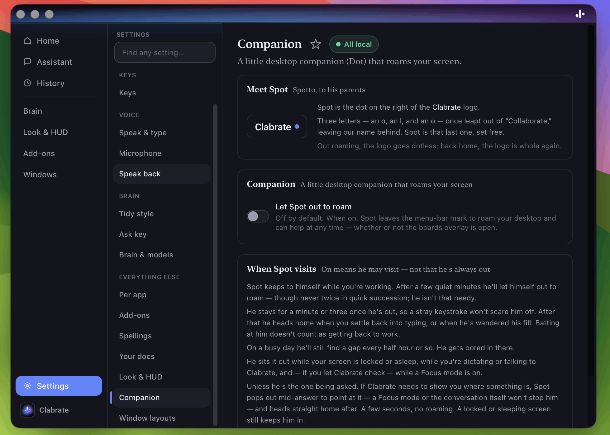 The Companion section in Clabrate settings
