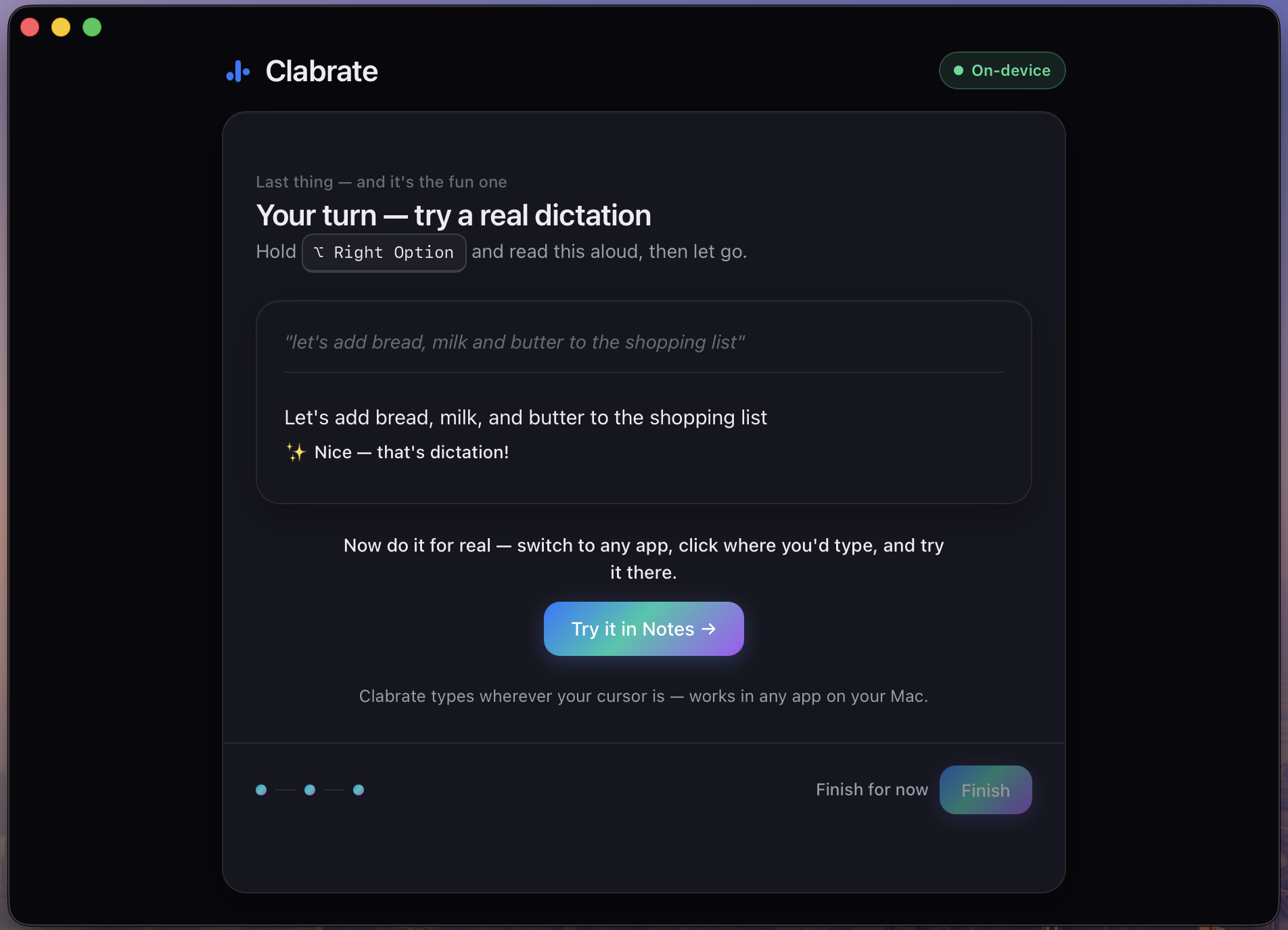 The first-run dictation rehearsal showing spoken words turned into text