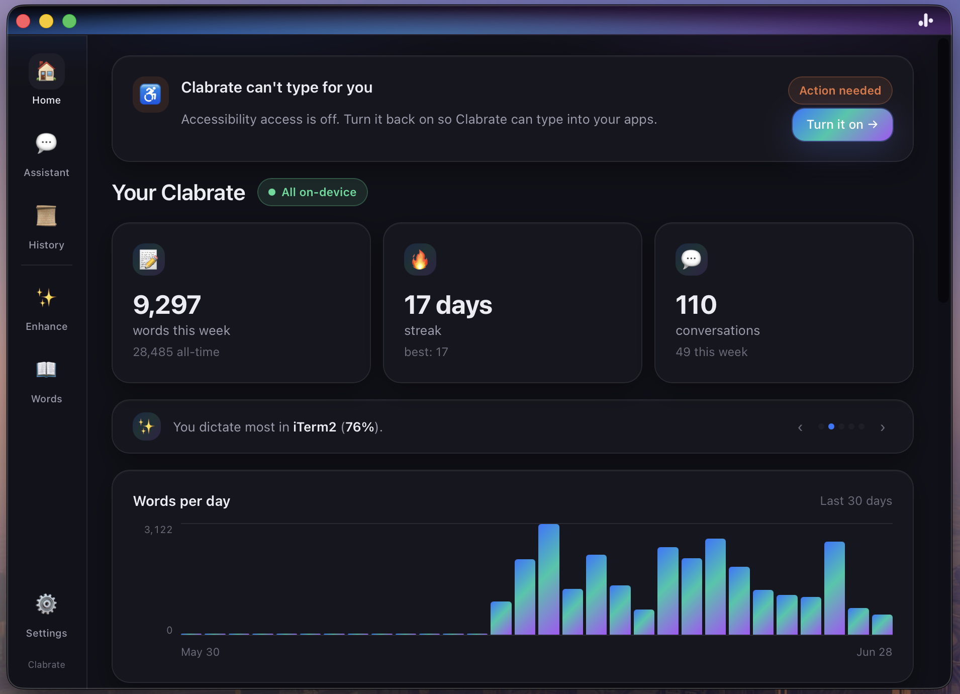 The Clabrate Home page insights