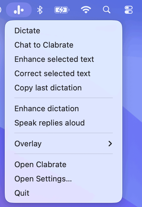 The Clabrate menu-bar control open