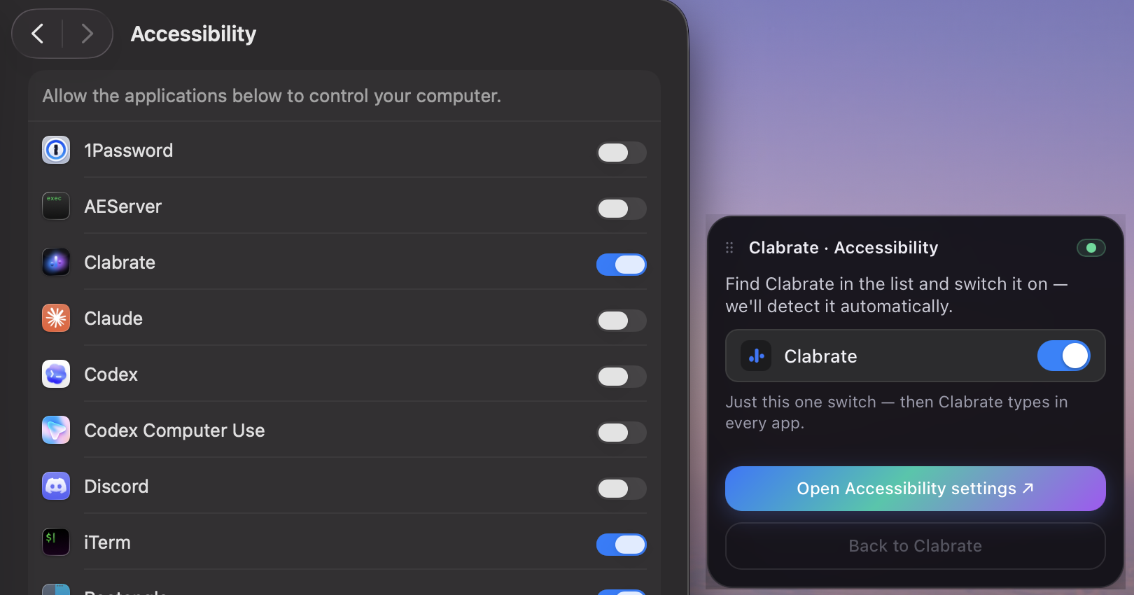 Granting Accessibility to Clabrate in System Settings