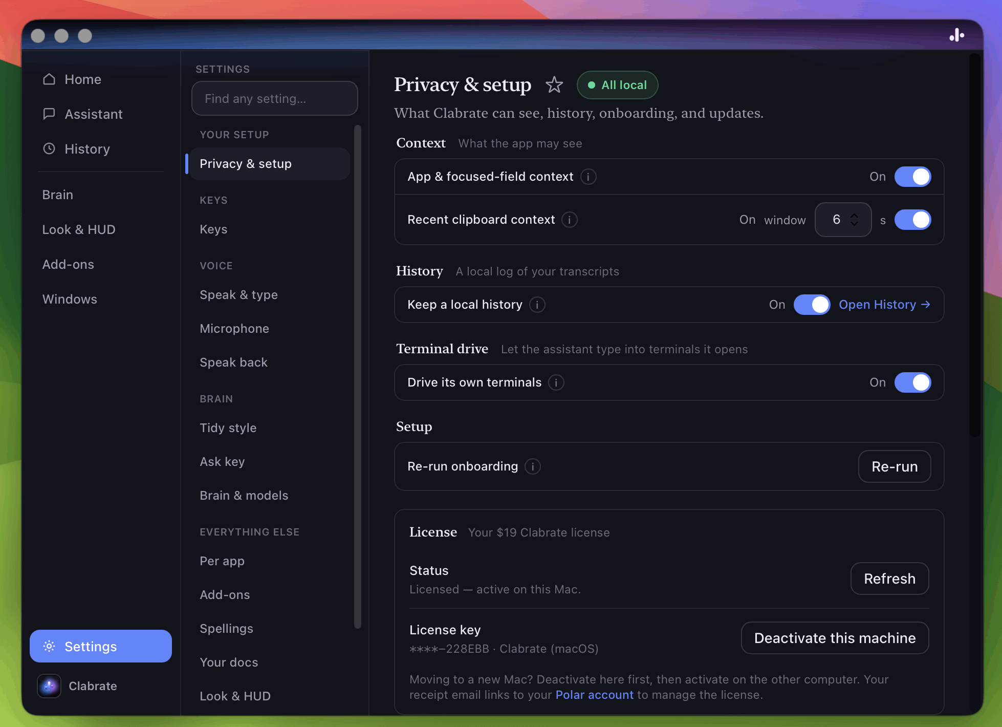 The Clabrate settings window with its grouped sidebar