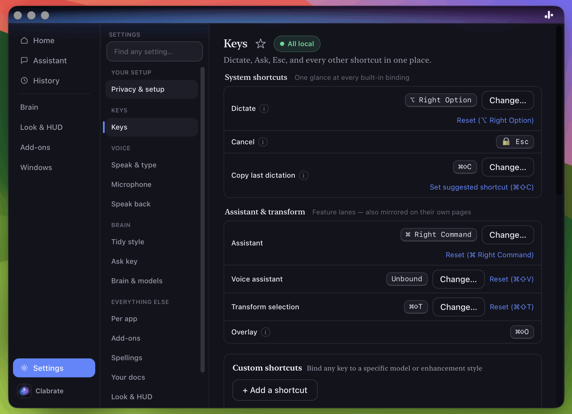 The Shortcuts settings page with rebindable actions