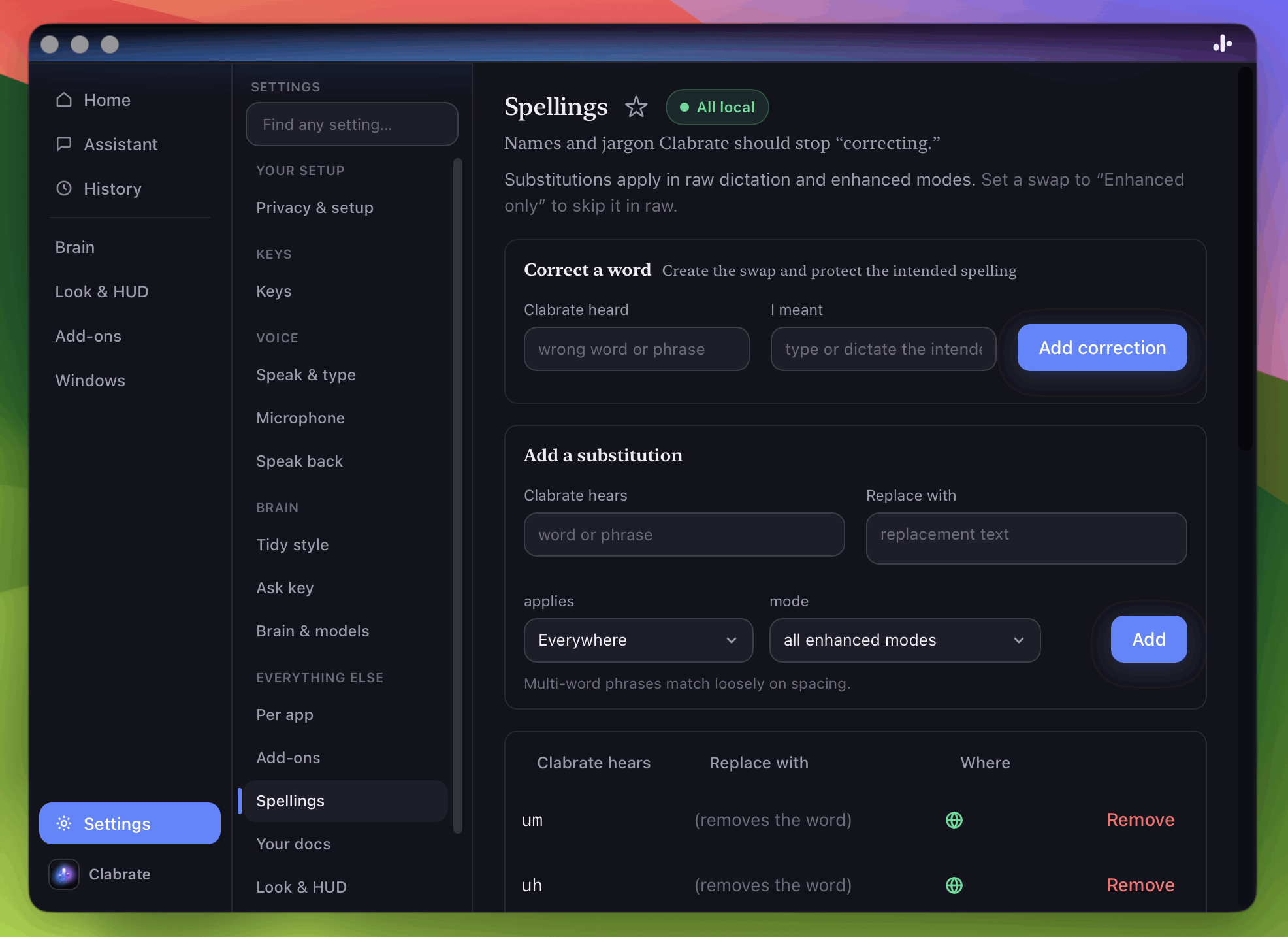 The Words settings page